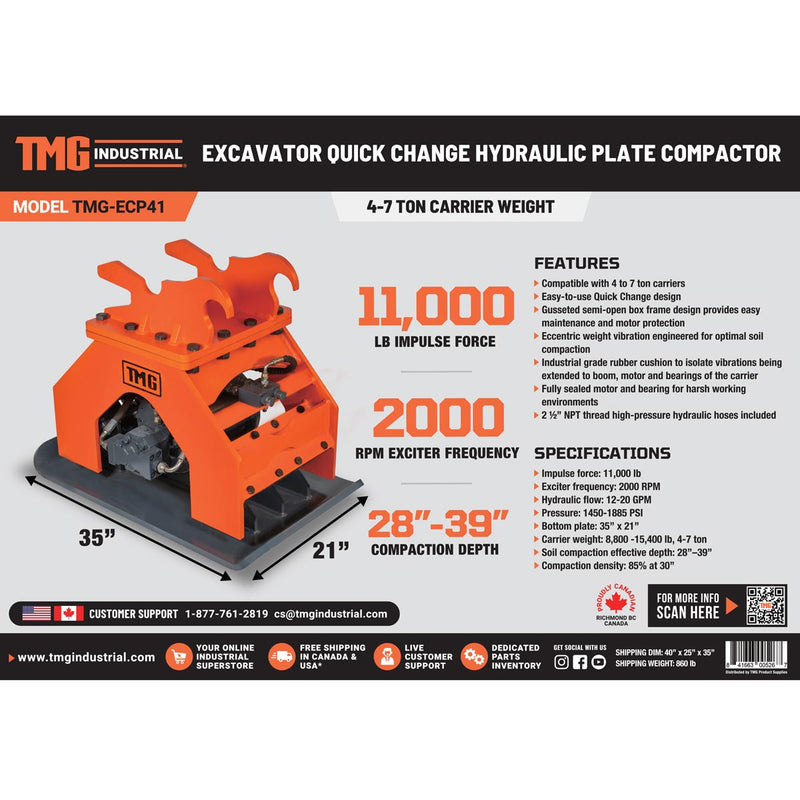 TMG Industrial 11,000-lb Hydraulic Plate Compactor, 4-7 Ton Excavator Weight, 39” Compact Capacity, TMG-ECP41