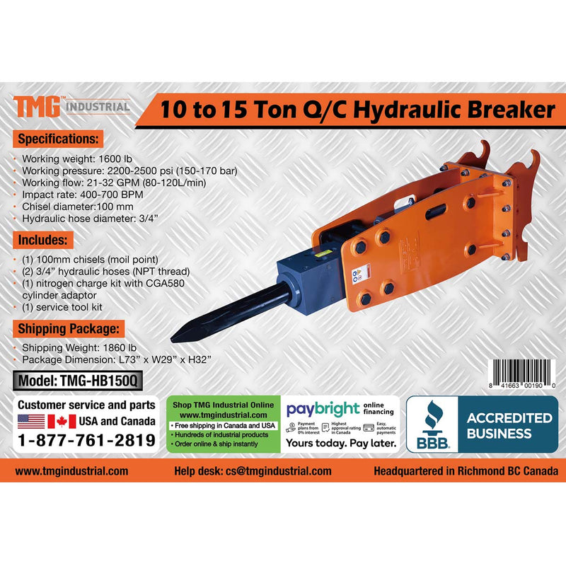 TMG-HB150Q 10 to 15 Ton Q/C Excavator Hydraulic Hammer Breaker, 4'' (100mm) Moil Point Chisel, 1960 Joules Impact Energy, 400-700BPM