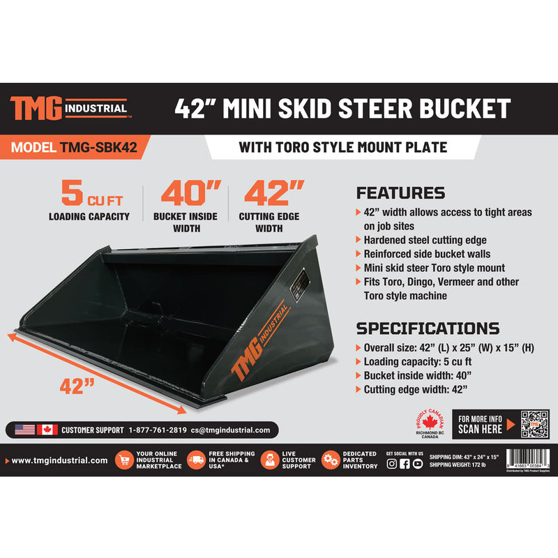 TMG-SBK42 42” Mini Skid Steer Bucket, Toro Style Mount, 5 Cu-Ft Capacity