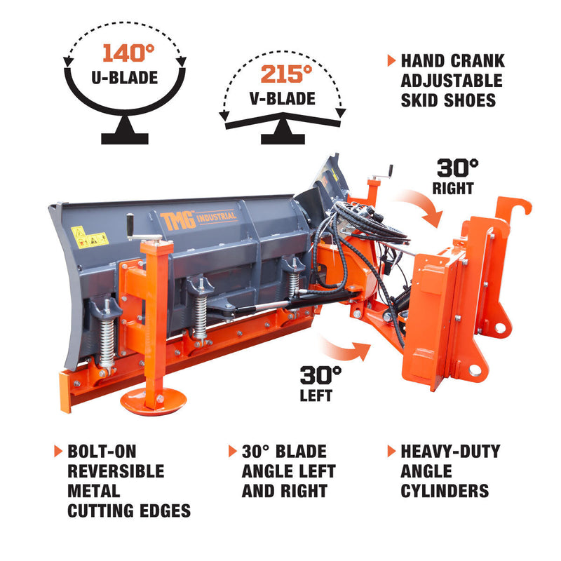 TMG Industrial 10’ U/V Angle Blade Snowplow, Metal Edges, 6 Positions, Accumulator & Solenoid Valve, Quick-Change Lugging, 40-90 HP Tractors, TMG-SP10X